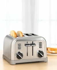 High-tech toasting technology gets a high-style look with this sleek stainless steel toaster featuring beautiful brushed chrome accents. The large, four-slice size is actually two toasters in one, with dual independent controls that let you perform two toasting jobs at once. Limited warranty. Model CPT-180.