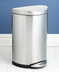 It's time to dispose of that old, unsightly trash can. This sleek, updated unit features stylish curved edges and a flat back, letting it sit flush against the wall, while advanced lidshox(tm) technology uses air suspension shocks to control the lid for a slow, quiet close. 10-year warranty.
