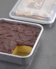 The baker's set has everything you need to get started on your way to creating a very special treat. Each is crafted of natural aluminum for even baking and great success. The handy plastic lid keeps leftovers fresh in the fridge. Set includes 9 x 13 cake pan, 9 x 13 baker's quarter sheet and one cover that fits both. Lifetime warranty.