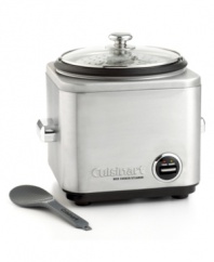 A plate of steaming, savory rice makes a meal memorable. Cuisinart's cooker features brushed stainless steel construction with chrome-plated handles and knob. Lever control with warm and cook indicator settings ensures perfect results. Three-year limited warranty. Model CRC800.