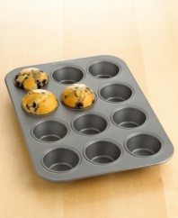 A baker's dozen right at your fingertips. Serve up deliciously moist treats with this 12-cup muffin pan. Features include nonstick interiors and exteriors for easy cleaning, no-hassle food release and optimum baking performance. Lifetime warranty.