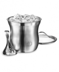 There's only one way to describe Calphalon's sleek ice bucket set... cool. Smooth curves and premium stainless steel construction help you entertain in style. Ice stays frozen longer, so drinks are guaranteed cold long into the night. Use for drink service with the included ice scoop or remove the cover and chill wine and champagne. Lifetime warranty.