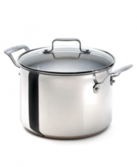 The features professional chefs love, now in your home kitchen. This Emerilware stock pot has a layered base that includes sheets of stainless steel and aluminum for exceptional heat conductivity -- just what you need for pro-style results. Lifetime warranty.
