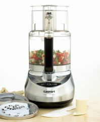 Chop to it. Cuisinart's 9-cup food processor perfects the art of food prep, powering through virtually any ingredient with stainless steel style that brings elegance to any kitchen. A compact design commands the countertop with a large work bowl that makes entire meals from scratch. Three-year limited warranty. Model DLC-2009BCH.