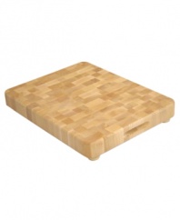 The ultimate chopping block. This beautifully crafted cutting board handles everyday slicing and dicing with ease thanks to natural end-grain wood that's sure to resist chips and nicks for years to come. One-year warranty.