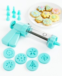 Bake with the best! This icing gun creates professional appeal with professional ease, featuring 9 icing tips and 24 discs that let you top your baked goods with fun designs for a winning finish. Limited lifetime warranty.