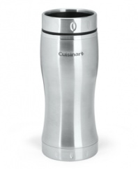 Fresh to go. This stainless steel travel mug from Cuisinart features a double-wall design to keep your morning brew piping hot and fresh for hours. Just slide the lid open and enjoy!