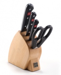 The seasoned gourmet is always one step ahead, a cut above the rest. This stamped knife set is manufactured of the highest quality high-carbon surgical stainless steel – a complete arsenal of sensible cutlery that's sure to hold its razor-sharp, long-lasting edge for many meals to come. Lifetime warranty.