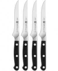 Crafted for comfort, ease and precision results, the unique blade and ergonomic bolster designs of this steak knife set make it easy to prep like a pro. An innovative blade shape offers full edge utility and reduces stress on your wrist, while the unbeatable Zwilling special formula steel construction guarantees year after year of exceptional use. Lifetime warranty.