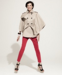 In spring's hottest shape, this Betsey Johnson trench-style cape is the perfect topper for this season's skinny jeans!