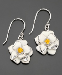 Go for a fresh look. These gorgeous flower earrings feature round-cut citrine (1/4 ct. t.w.), sparkling diamond accents and polished petals in white enamel. Crafted in sterling silver. Approximate drop: 1-1/4 inches.