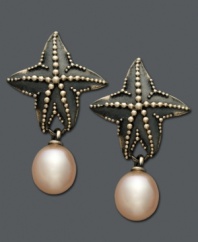 Capture the essence of the seashore. Stylish drop earrings feature textured starfish posts with polished cultured freshwater pearl drops (7 mm). Crafted in sterling silver. Approximate drop: 1-1/4 inches. Approximate width: 3/4 inch.
