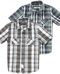 Shake up your casual style. Toss the tee for this cool plaid shirt from American Rag.