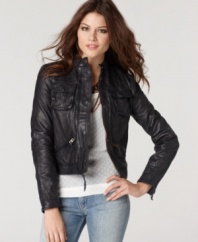 Infuse any look with a little luxury when you pair it with this sumptuous lambskin jacket from Lucky Brand Jeans. Classic moto-styling and the slim, cropped fit make it a timeless essential season after season!