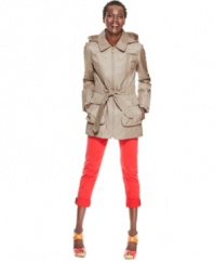 Ruffle trim adds sweet style to this Betsey Johnson hooded coat, perfect for a fashion-forward spring rain or shine!