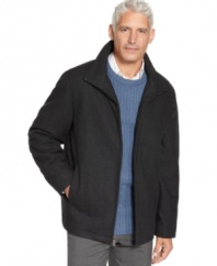 Simple style for cold weather comes in this zip-front wool coat from Perry Ellis.