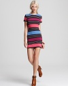 Get in line with this striped French Connection dress, a curve-hugging silhouette rendered in soft stretch cotton. Seam detail outlines the shoulder pads for a unique accent to this vibrant all-season style.