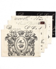 We'll always have Paris. Bring out your inner traveler with the Vintage Traveler Brasserie Placemats from Park B. Smith, featuring a Parisian-inspired motif in a classic black and ivory palette.