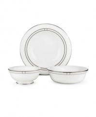 Leave it to kate spade to improve the traditional china pattern. Reminiscent of seed pearls, her signature monogram lends a lustrous accent to the Noel Alabaster pasta bowl/rim soup (shown right).