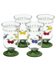 Lemons, cherries and plums add a splash of summery cheer to this set of already irresistible iced tea drinking glasses. Hand painted and etched, with a leaf garland and pine-green base, this Villeroy & Boch drinkware brings colorful refreshment to casual country kitchens.