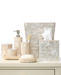 Naturally luxurious. Featuring a sleek, modern design and exquisite mother-of-pearl tiles, the Mother of Pearl soap dish from Roselli Trading Company adorns your bath with quality and sophistication found in the world's poshest hotels.