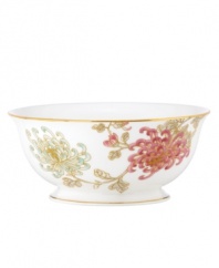 Perennial favorite. Beautiful vintage blooms on the gold-banded Painted Camellia serving bowl grace your table with the dramatic, yet refined, elegance of Marchesa by Lenox.