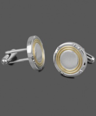 Stylish sophistication. The perfect final touch to your favorite work shirt, these versatile cuff links combine stainless steel and yellow ion-plated stainless steel in a chic circular design. Approximate diameter: 3/4 inch.