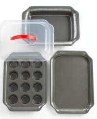 Baked to take. The Pyrex Solutions nonstick bakeware set saves you the hassle of using multiple dishes and containers, letting you store or transport your baked goods right on the pan with a universal plastic lid. Two-year limited warranty.