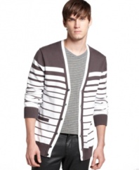 Top off your casual-cool style with this easy-wear striped cardigan from Bar III.