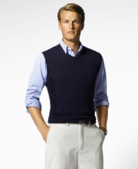V-neck sweater vest, cut for a comfortable, classic fit.
