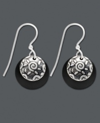 Bold disc drops with subtle vintage flair. These antique-inspired earrings by Jody Coyote feature black patina bronze discs with an ornate silver charm. Earrings crafted in sterling silver. Approximate drop: 1 inch.