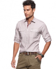 The ideal shirt to complement your happy hour look, this woven from Marc Ecko Cut & Sew is a casual staple.