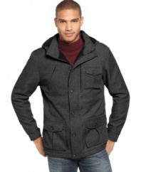 Pop the hood on a cool seasonal look. This coat from Marc Ecko Cut & Sew is a surefire style.