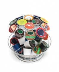 Organize and enjoy. This clever storage carousel holds up to 50 of your favorite tea and coffee pods, so you can keep tabs on what's left without cluttering up your kitchen counter.