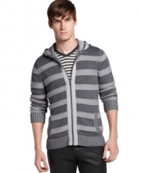 In a sporty, zip-up style, this Bar III hooded sweater is the perfect way to top off a casual look.