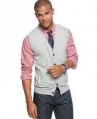 Tasso Elba updates the timeless sweater vest with a sleek button-front for an extra does of detail.
