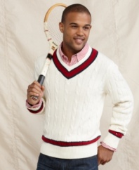 No need to tweak your style game when you are wearing this cable knit v-neck sweater from Tommy Hilfiger.