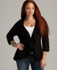 Layer your tanks and tees with Style&co.'s three-quarter sleeve plus size cardigan, highlighted by a ruffled front.