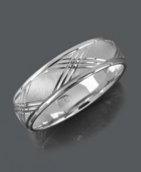 A simple band that makes a subtle statement. Men's ring features a chic X engraved pattern set in 14k white gold. Sizes 6-13.