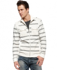 Change your layered pattern with this striped french-rib hoodie from INC International Concepts.