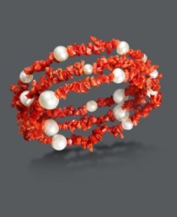 Snap up sizzling summer style. Bright coral chips combine with cultured freshwater pearls (4-8 mm) for a hot layered look. Includes set of three stretch bracelets. Approximate diameter: 3-1/2 inches.