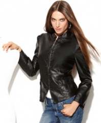 Sizzling hot and totally cool, this faux leather jacket from INC adds an edge to any outfit!
