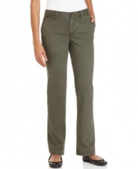 The essential petite khaki pant is crafted in soft stretch cotton twill with a classic straight-leg fit, from Dockers.