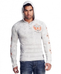 The best of both worlds comes to your closet. This hooded henley from Afflication is two of your favorite looks in one.