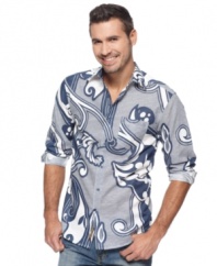 Pop in a pattern to add some energy to your vacation style with this button-front shirt from Cubavera.