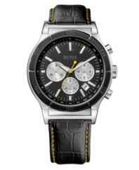 Make your mark. Yellow accents personalize this chronograph by Hugo Boss. Watch crafted of black croc-embossed leather strap with contrast stitching and round stainless steel case. Black turning bezel etched with numerals. Black chronograph dial features applied silver tone stick indices, minute track, tachymeter scale, date window, three silver tone subdials, luminous hour and minute hands, yellow second hand and logo. Quartz movement. Water resistant to 50 meters. Two-year limited warranty.