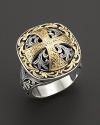 Large silver and gold Maltese cross ring with etched detail. Designed by Konstantino.