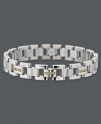 Sleek style for the sophisticated man. This modern link bracelet combines stainless steel, 14k gold, and round-cut diamonds (1/6 ct. t.w.) for ultimate polish. Approximate length: 8-1/2 inches. Approximate width: 3/8 inch.