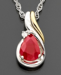 Hang this rich red ruby (7/8 ct. t.w.) necklace around your neck for an everyday romantic mood. Crafted with 14k gold, sterling silver and beautiful round-cut diamond accents. Approximate length: 18 inches. Approximate drop: 1/2 inches.
