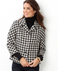 Style with a bite: Charter Club offers a cute, cropped coat in graphic houndstooth. Metallic thread adds a touch of sparkle!